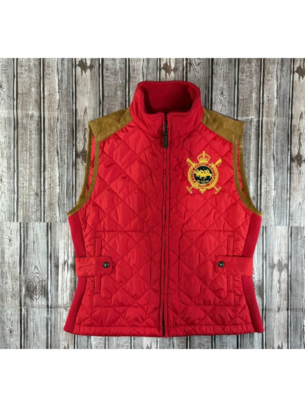 Ralph Lauren Sport Equestrian Quilted Vest sz L color red Orange Suede Trim NWT
